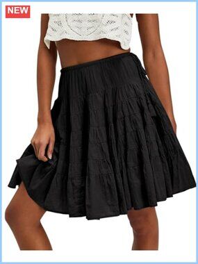 Womens Tiered Boho Pleated Drawstring Waist Knee Length Flowy Midi Skirt